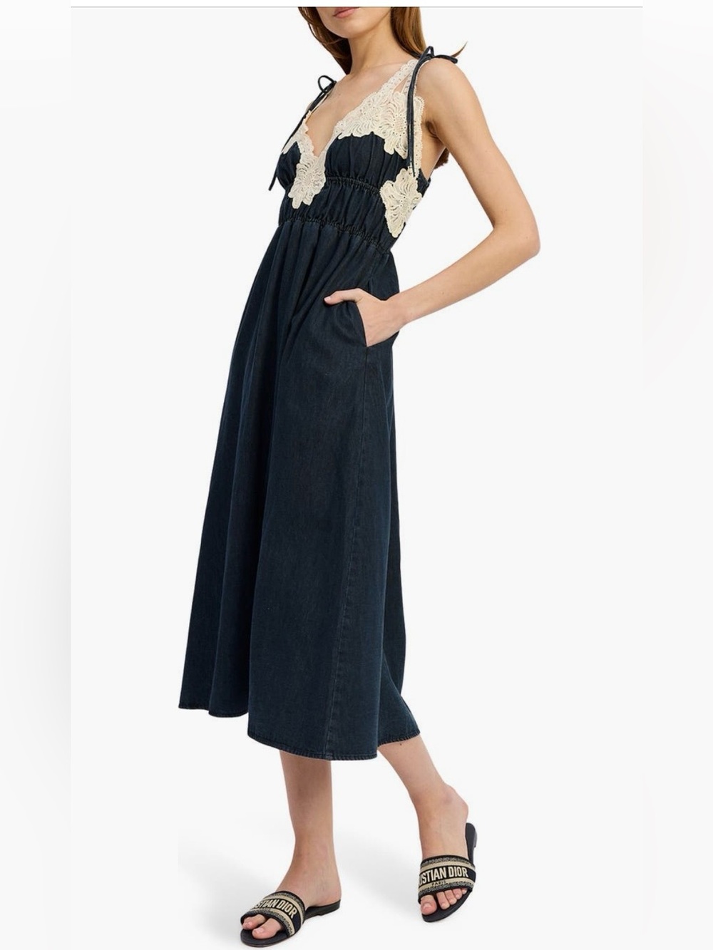 En Saison Dark Indigo Midi Dress with Cream Lace Trim